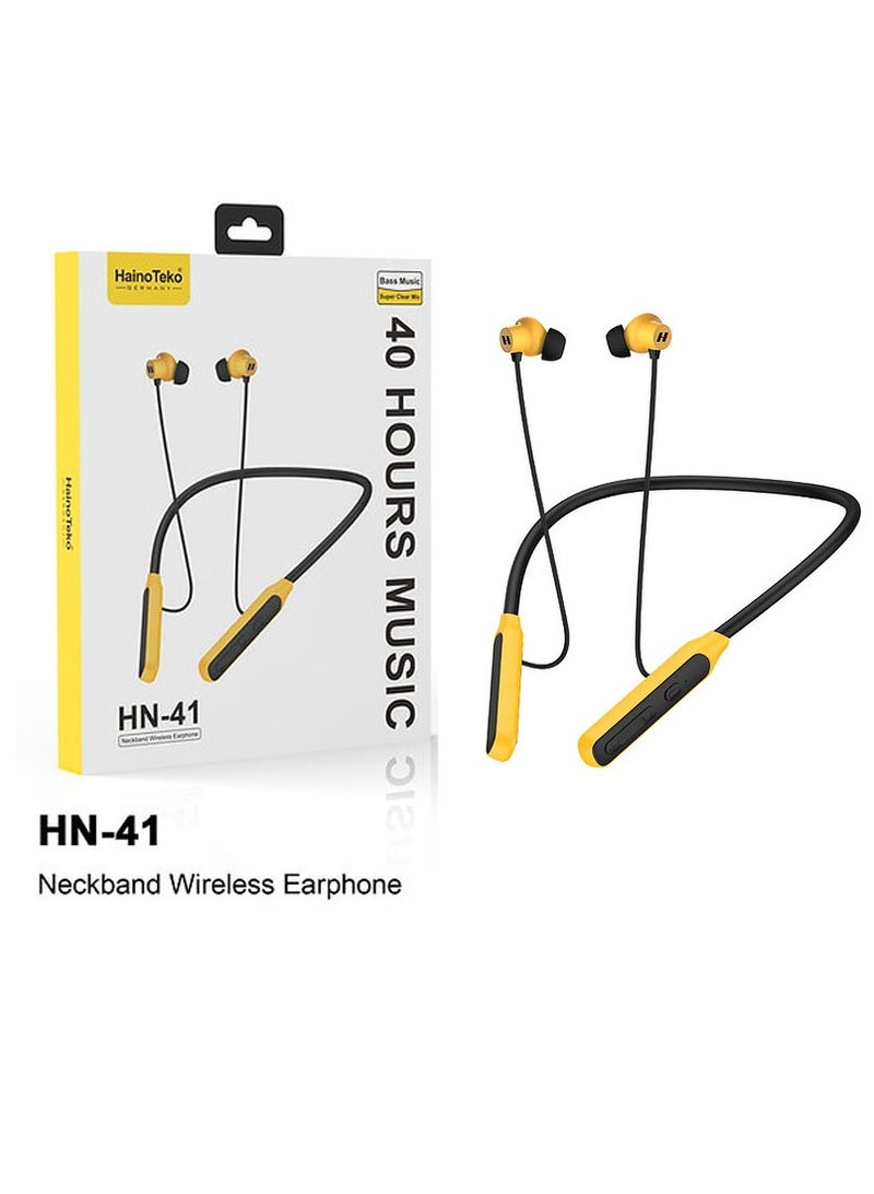 Haino Teko Germany HN 41 Neckband Wireless Bluetooth Earphone with Super Clear Mic and 40 Hours Music Black and Yellow - Image 1