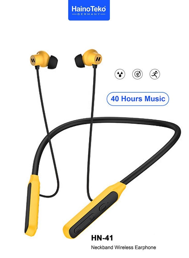 Haino Teko Germany HN 41 Neckband Wireless Bluetooth Earphone with Super Clear Mic and 40 Hours Music Black and Yellow - Image 2