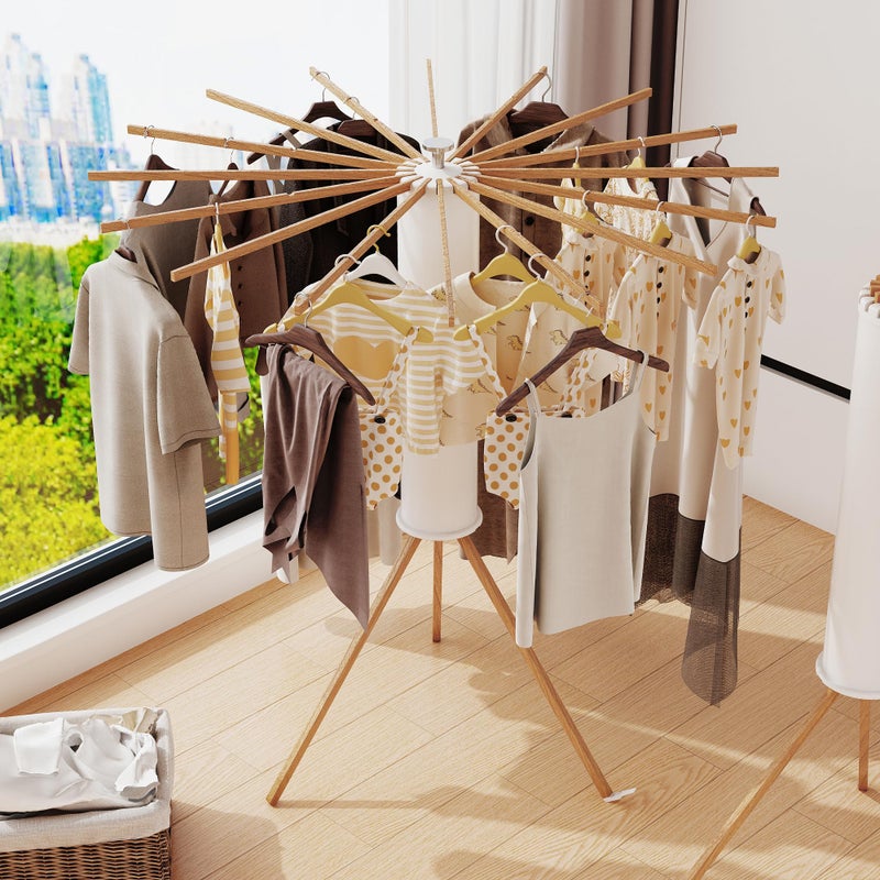 LIENAHU Clothes Drying Rack TripodDrying Rack ClothingLaundry Drying RackFloor Standing16 Wooden PolesCollapsible Drying Racks for LaundryRetractableFoldableFolding