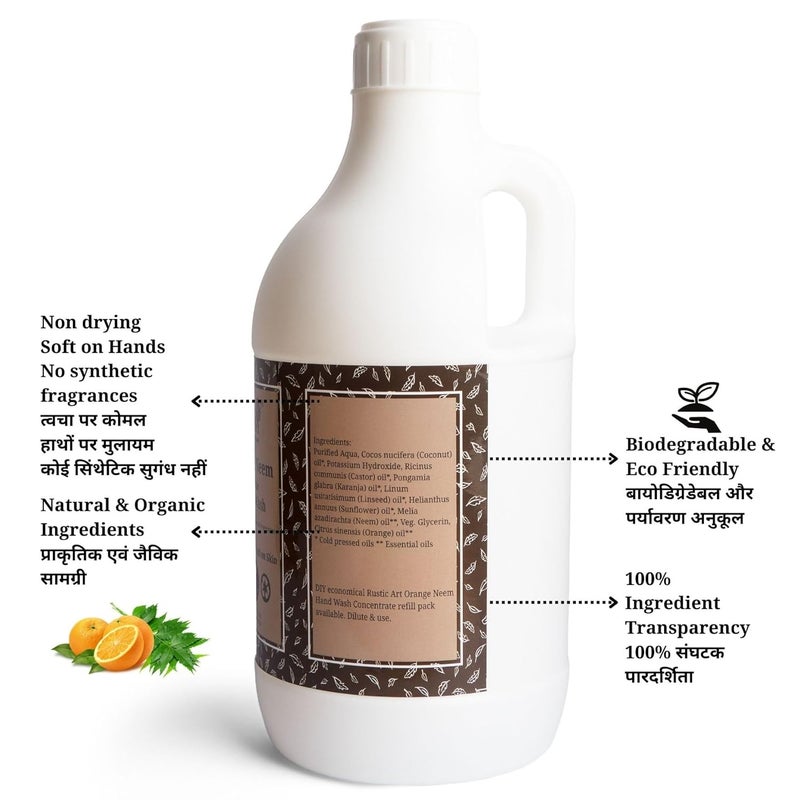 Rustic Art Organic Orange Neem Hand Wash Refill Pack Ready to Use Liquid Natural Vegan NonDrying Hydrating 1100ml - Image 2