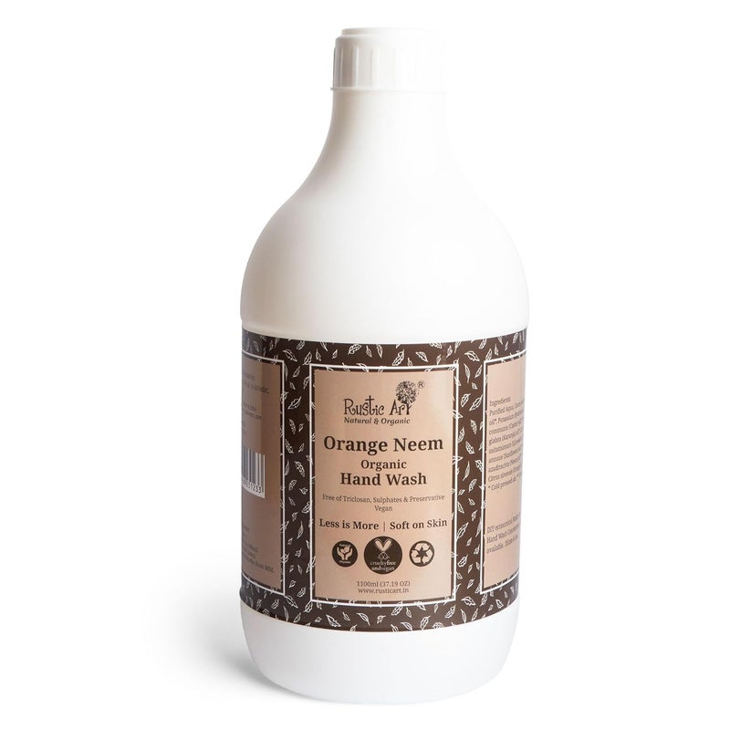 Rustic Art Organic Orange Neem Hand Wash Refill Pack Ready to Use Liquid Natural Vegan NonDrying Hydrating 1100ml - Image 1