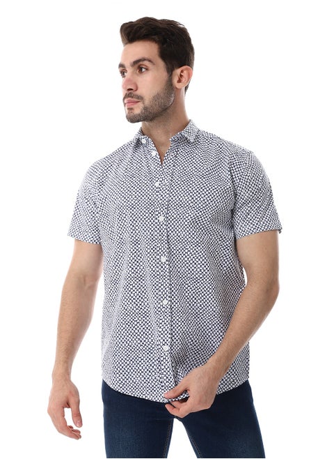 White & Navy Blue Self Pattern Short Sleeves Shirt