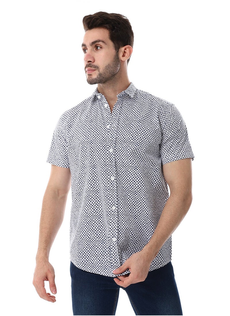 White & Navy Blue Self Pattern Short Sleeves Shirt