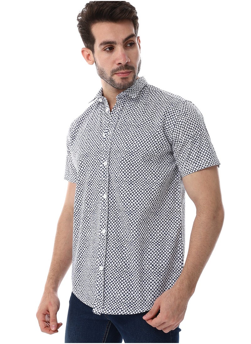 White & Navy Blue Self Pattern Short Sleeves Shirt