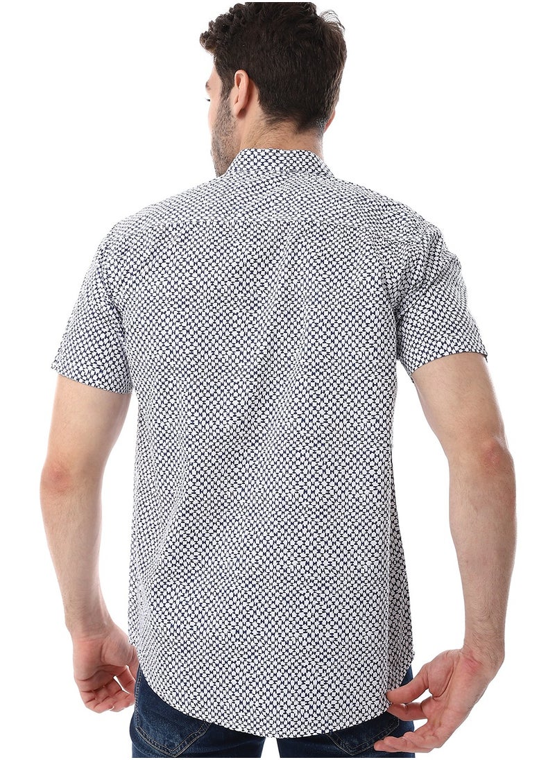 White & Navy Blue Self Pattern Short Sleeves Shirt