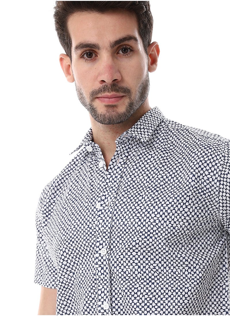 White & Navy Blue Self Pattern Short Sleeves Shirt