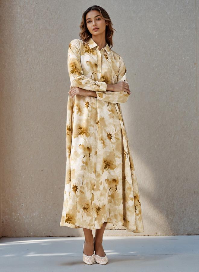 ايكونيك فستان قميص نسائي بطبعة زهور أيقونية مع ياقة - Image 1