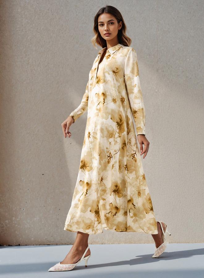 ايكونيك فستان قميص نسائي بطبعة زهور أيقونية مع ياقة - Image 2