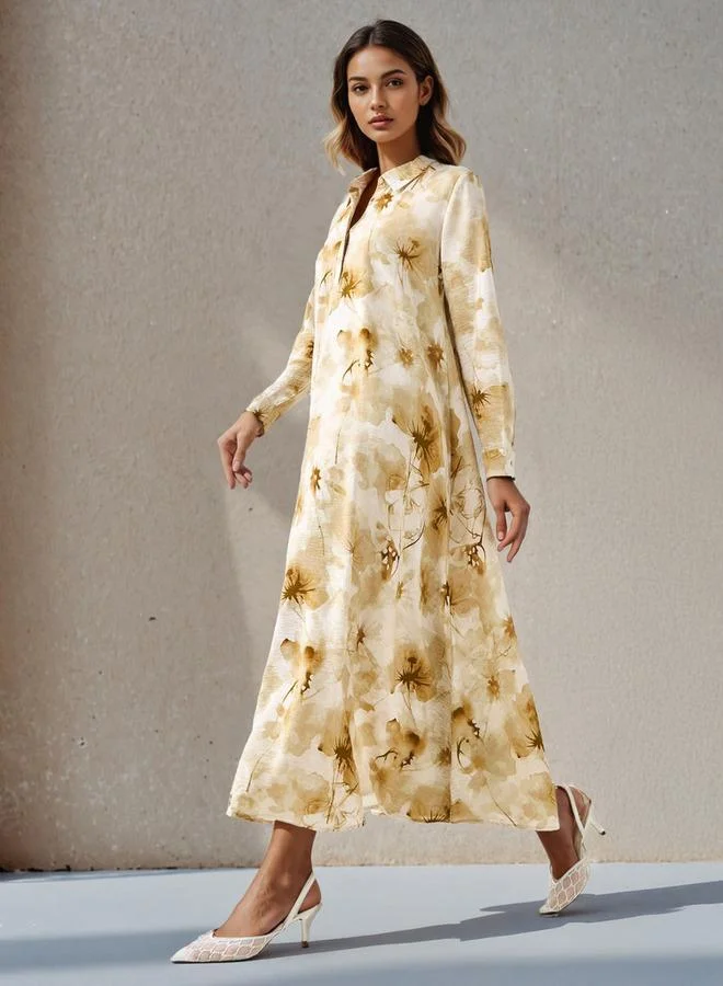 Iconic Iconic Floral Print Shirt Women Dress with Collar