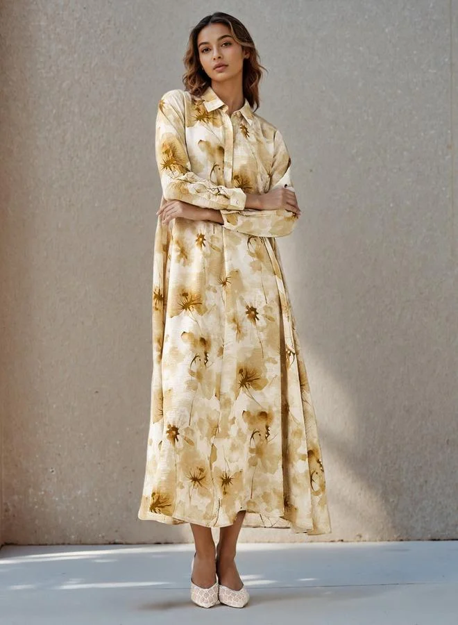 Iconic Iconic Floral Print Shirt Women Dress with Collar