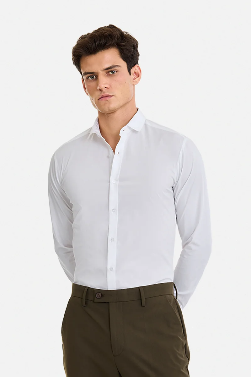سنيتش White Solid Long Sleeve Slim Fit Casual Shirt