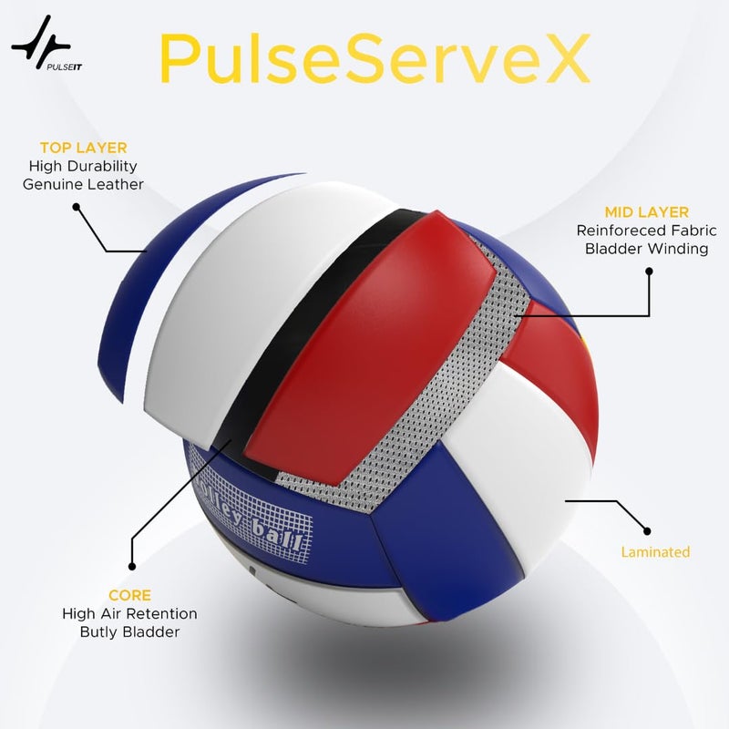 PulseITServeX Volleyball, Size 5, 18 Panels, Rubber Machine Stitched, Smooth Matt Surface, Latex Bladder, Standard Training Ball for Outdoor Surfaces, Ideal for Training Sessions (BWR) - Image 4