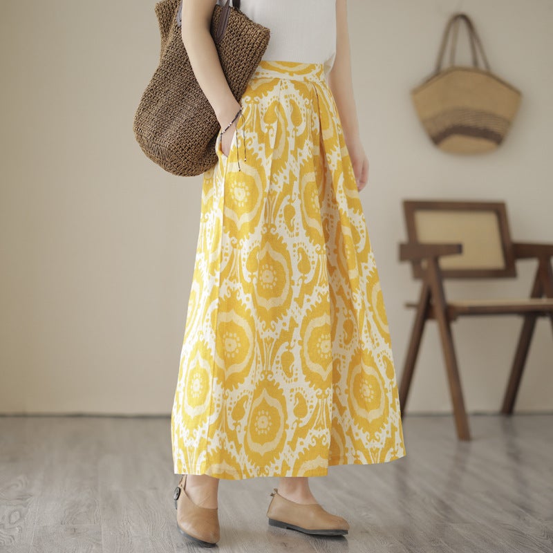 Real Shot plus size Artistic Loose Cotton and Linen Wide-leg Pants Womens Ankle-length Pants Yellow Printed Casual Skirt Pants for Summer Yellow print