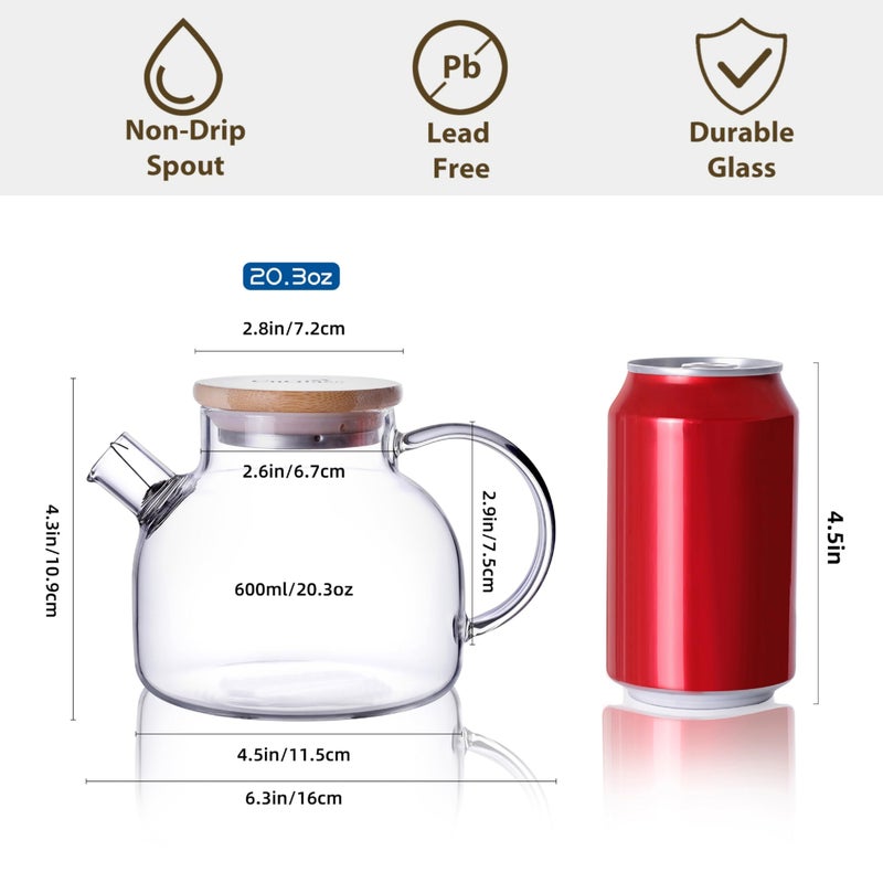 CnGlass Glass Teapot Stovetop Safe,20.3 oz Clear Tea pot with Removable Filter Spout,Loose Leaf and Blooming Tea Maker - Image 2