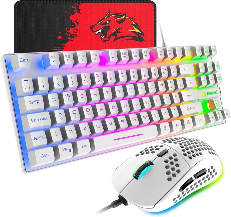 FELICON Gaming Keyboard and Mouse Combo,88 Keys Compact Rainbow Backlit Mechanical Feel Keyboard,RGB Backlit 6400 DPI Lightweight Gaming Mouse with Honeycomb Shell for Windows PC Gamers (White) - Image 1