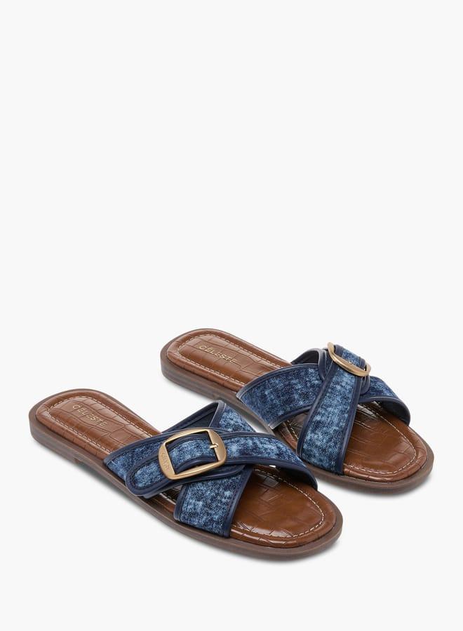 Celeste Women's Textured Slip-On Cross Strap Flat Sandals with Buckle Accent - Image 3