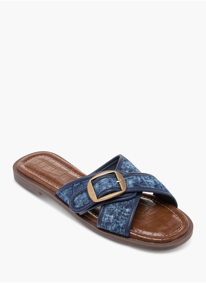 Celeste Women's Textured Slip-On Cross Strap Flat Sandals with Buckle Accent  - Image 2