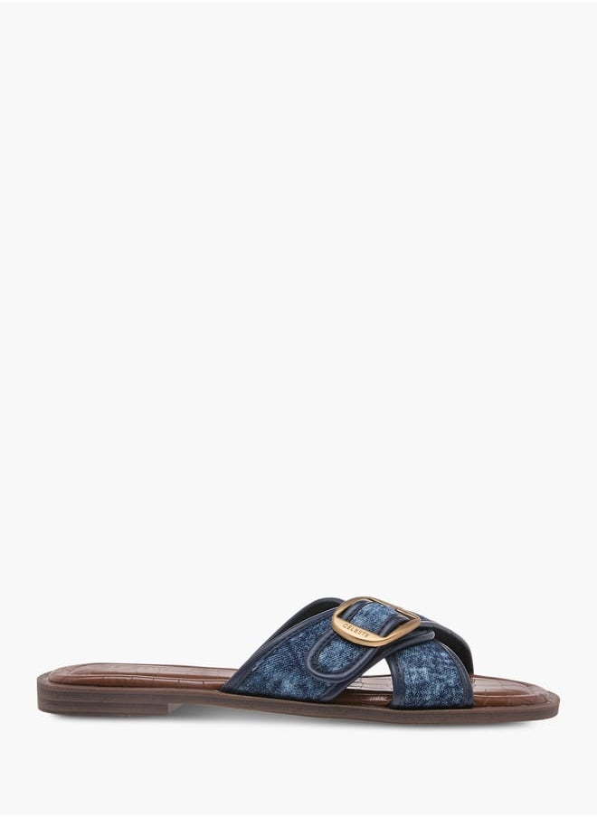 Celeste Women's Textured Slip-On Cross Strap Flat Sandals with Buckle Accent  - Image 3