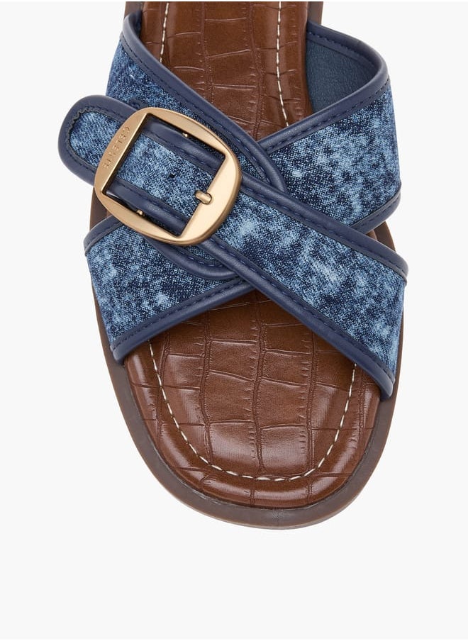 Celeste Women's Textured Slip-On Cross Strap Flat Sandals with Buckle Accent  - Image 4