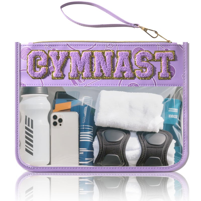 PPeen Gymnastics Gifts Cosmetic Makeup Bag, Gymnastics Stuff Accessories, Portable Toiletry Storage Bag with Chenille Letter Clear Zipper Toiletry Pouch - Image 1