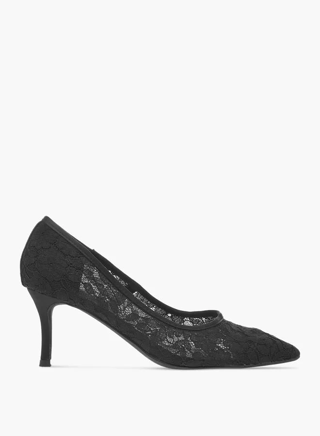 Flora Bella By Shoexpress Women's Lace Textured Slip-On Pumps with Stiletto Heels