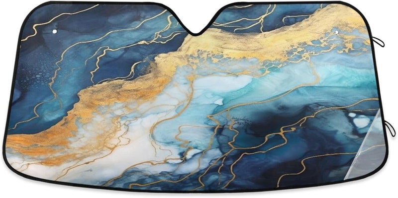 Blue Gold Marble Car Windshield Sun Shade Foldable Sun Visor Automotive Sunshades for Car Truck SUV Blocks UV Rays Keep Your Vehicle Cool - Image 1