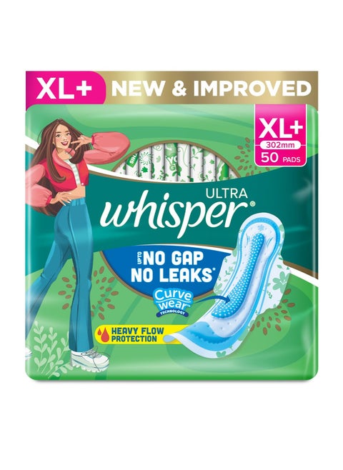 WHISPER ULTRA HYGIENE+COMFORT SANITARY PADS, 50 XL+ PADS, FOR HEAVY FLOW, LONG LASTING PROTECTION, LOCKS ODOUR & WETNESS, DRY TOP SHEET, DISPOSABLE WRAPPER