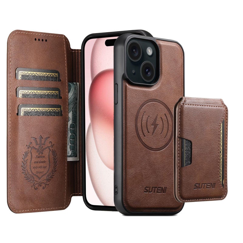 Suteni For Iphone 15 Q05S3 3-In-1 Detachable Vertical Flip Wallet Magsafe Leather Phone Case(Brown) - Image 1