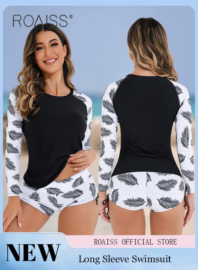 roaiss Women One Piece Swimsuit with Side Tie Boxer Shorts One Piece Beach Suit Women Long Sleeved Sun Protection Surfing Wetsuit - Image 1