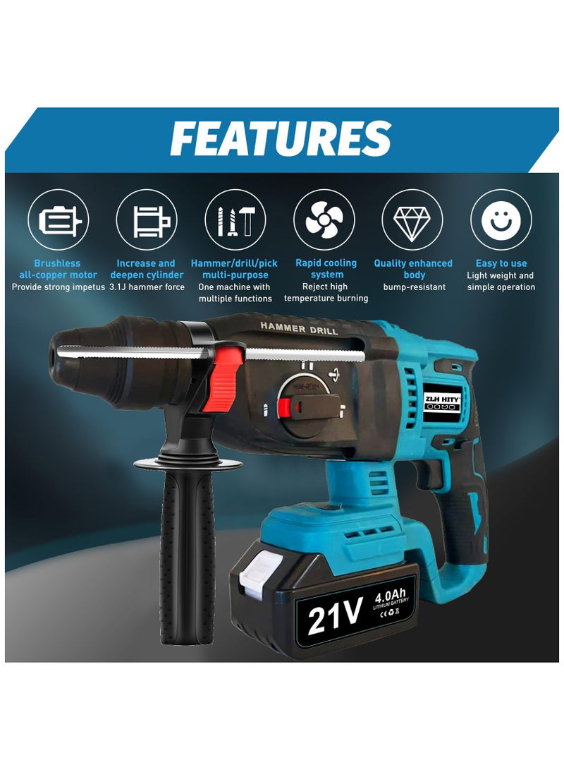 ZLH HITY Cordless Electric Hammer Drill, Brushless Cordless with Safety Clutch for Concrete/Masonry,4200 BPM,4 Application Modes with 360°Auxiliary Handle, Including 17 Pieces Accessories Bit Set (2 Batteries) - Image 2