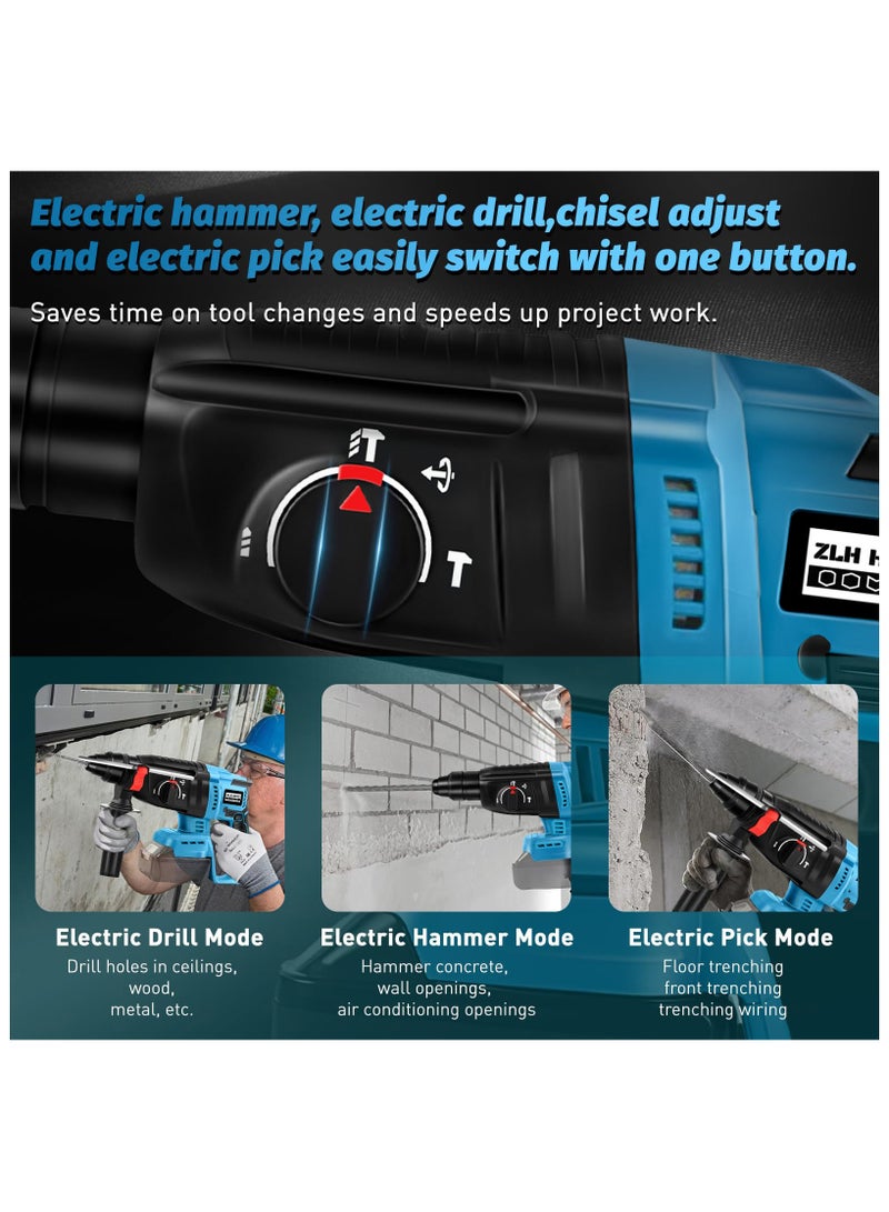 ZLH HITY Cordless Electric Hammer Drill, Brushless Cordless with Safety Clutch for Concrete/Masonry,4200 BPM,4 Application Modes with 360°Auxiliary Handle, Including 17 Pieces Accessories Bit Set (2 Batteries) - Image 4