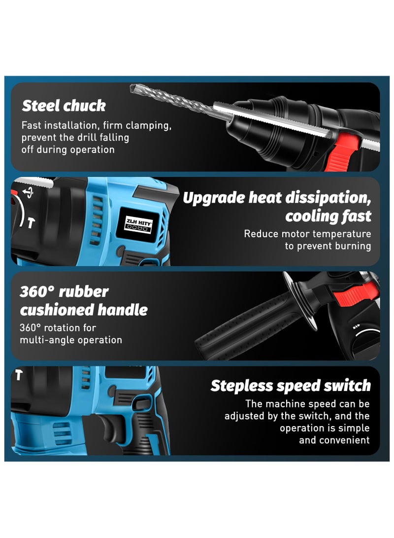 ZLH HITY Cordless Electric Hammer Drill, Brushless Cordless with Safety Clutch for Concrete/Masonry,4200 BPM,4 Application Modes with 360°Auxiliary Handle, Including 17 Pieces Accessories Bit Set (2 Batteries) - Image 5