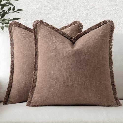 MIULEE Decorative Throw Pillow Covers Neutral Linen Fringe Throw Pillows Set of 2 Dark Coffee Boho Farmhouse Cushion Covers with Tassels for Couch Sofa Bed Living Room Spring Home Decor 20x20 Inch - Image 1