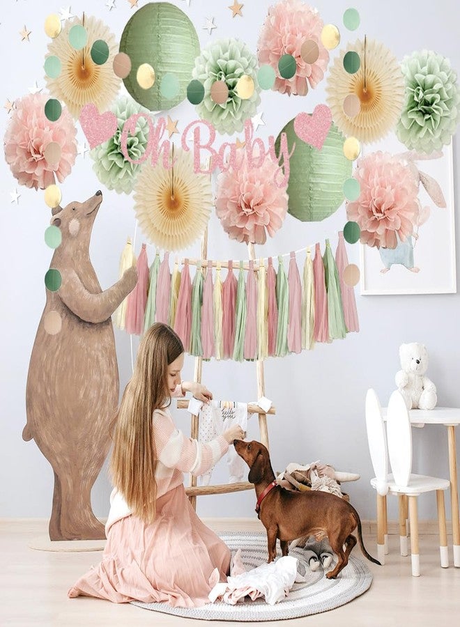 FETETIJD Sage Green and Blush Pink Baby Shower Decorations Oh Baby Shower Decorations for Girl Dusty Rose and Sage Green Beige Boho Pastel Dusty Pink Party Decorations with Cream Tassel Garland - Image 2