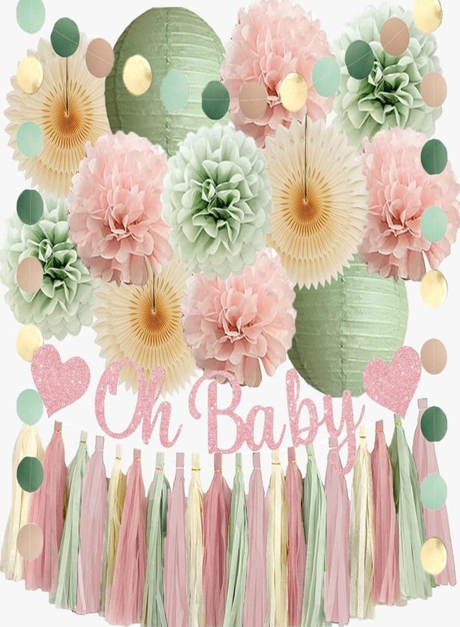 FETETIJD Sage Green and Blush Pink Baby Shower Decorations Oh Baby Shower Decorations for Girl Dusty Rose and Sage Green Beige Boho Pastel Dusty Pink Party Decorations with Cream Tassel Garland - Image 1