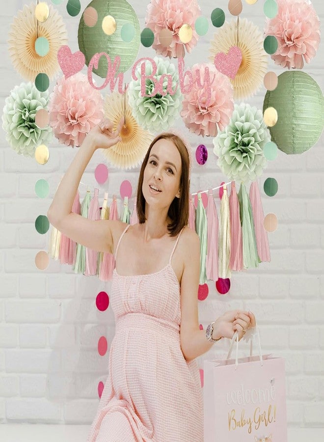 FETETIJD Sage Green and Blush Pink Baby Shower Decorations Oh Baby Shower Decorations for Girl Dusty Rose and Sage Green Beige Boho Pastel Dusty Pink Party Decorations with Cream Tassel Garland - Image 3