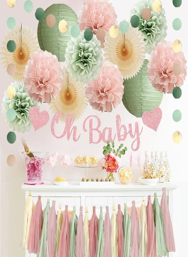 FETETIJD Sage Green and Blush Pink Baby Shower Decorations Oh Baby Shower Decorations for Girl Dusty Rose and Sage Green Beige Boho Pastel Dusty Pink Party Decorations with Cream Tassel Garland - Image 4