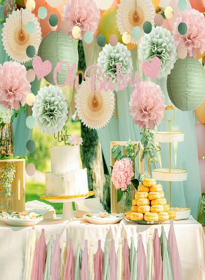 FETETIJD Sage Green and Blush Pink Baby Shower Decorations Oh Baby Shower Decorations for Girl Dusty Rose and Sage Green Beige Boho Pastel Dusty Pink Party Decorations with Cream Tassel Garland - Image 5