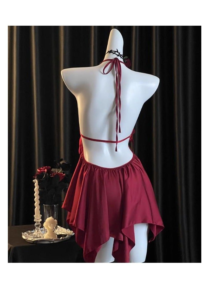 Lace Bow Ice Silk Suspender Underwear Pajamas (With Chest Cushion)  - Image 4