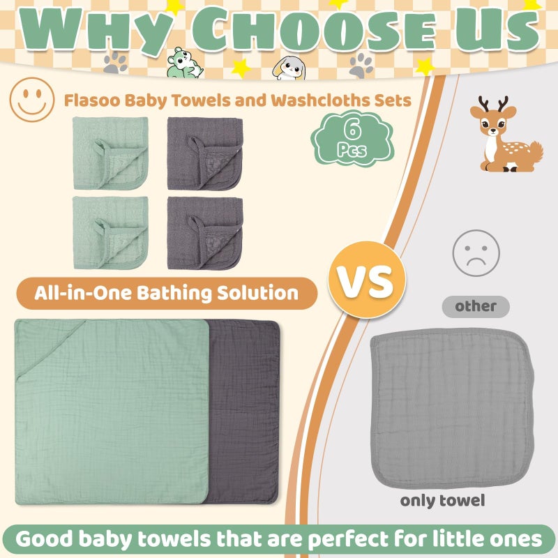 Flasoo 6 Pcs Muslin Hooded Baby Bath Towels Sets - 2 Pack 100% Cotton Baby Towel & 4 Pack Muslin Washclothes- 32x32Inch Baby Towels Cotton for Babies, Infants, Toddlers, 100% Cotton, Bath Essentials - Image 2