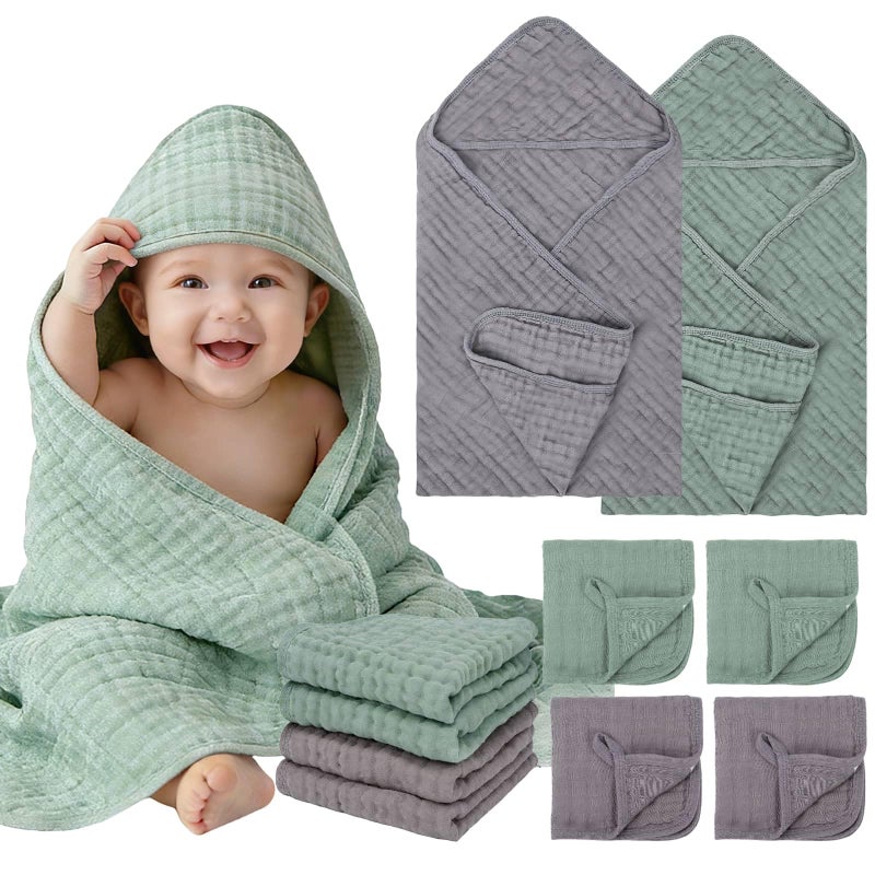 Flasoo 6 Pcs Muslin Hooded Baby Bath Towels Sets - 2 Pack 100% Cotton Baby Towel & 4 Pack Muslin Washclothes- 32x32Inch Baby Towels Cotton for Babies, Infants, Toddlers, 100% Cotton, Bath Essentials - Image 1