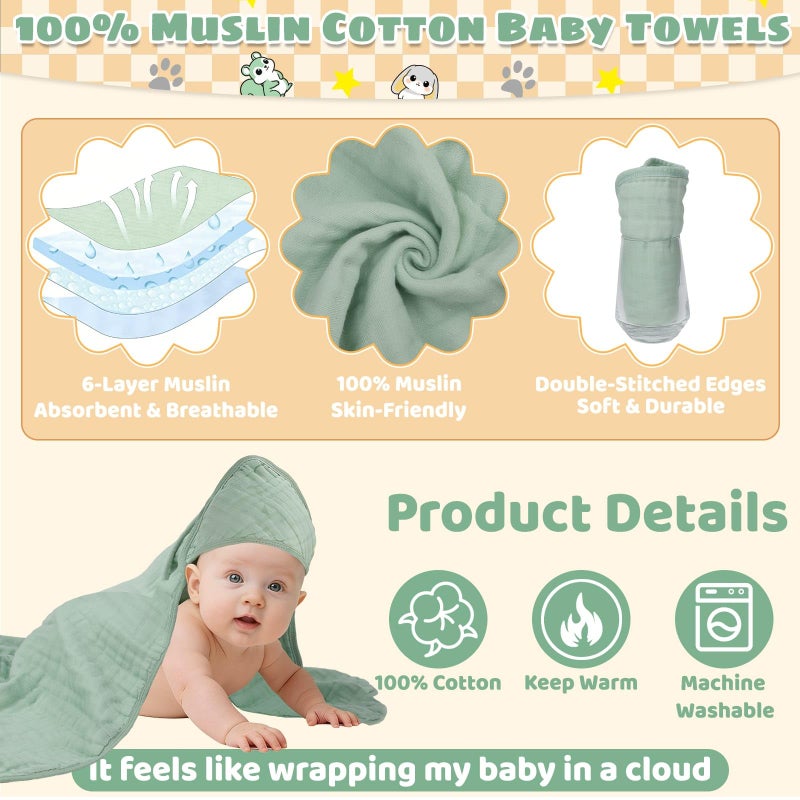 Flasoo 6 Pcs Muslin Hooded Baby Bath Towels Sets - 2 Pack 100% Cotton Baby Towel & 4 Pack Muslin Washclothes- 32x32Inch Baby Towels Cotton for Babies, Infants, Toddlers, 100% Cotton, Bath Essentials - Image 4