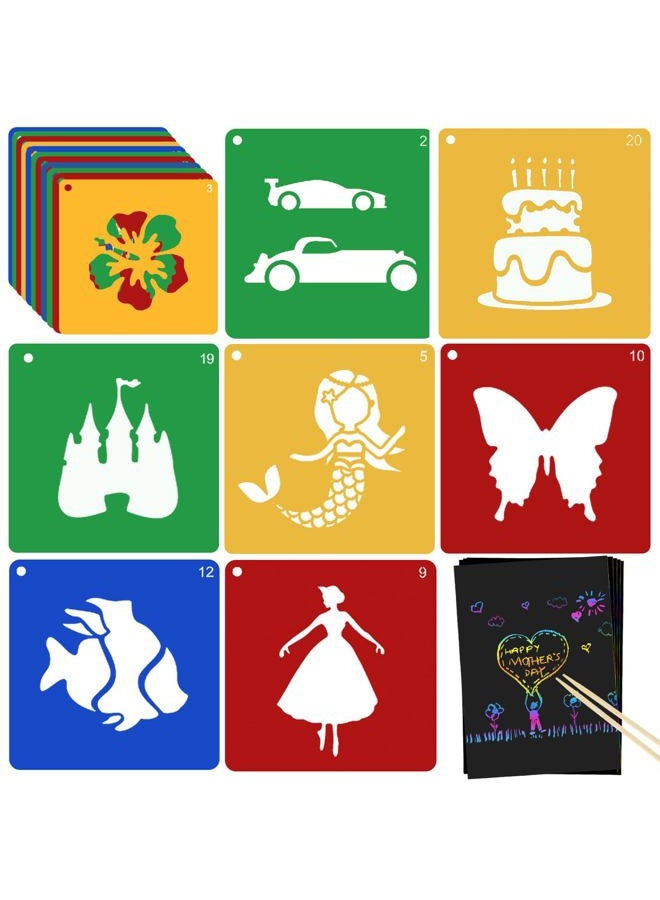 Jecarden 20 PCS Stencils for Kids, Sidewalk Chalk Stencils 8 x 8 Inch Colorful Large Stencils with 5 PCS Scratch Paper Washable Craft Fun Chalk Stencils Gift Idea for Boys and Girls to Learn Painting - Image 1