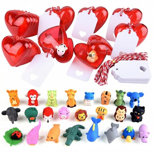 MIAHART 30 Pack Valentines Erasers Set Animal Pencil Erasers Filled Hearts Box and Valentine's Cards forTeenager Valentines Party Favors, Carnivals Gift, Supplies (Animal) - Image 1