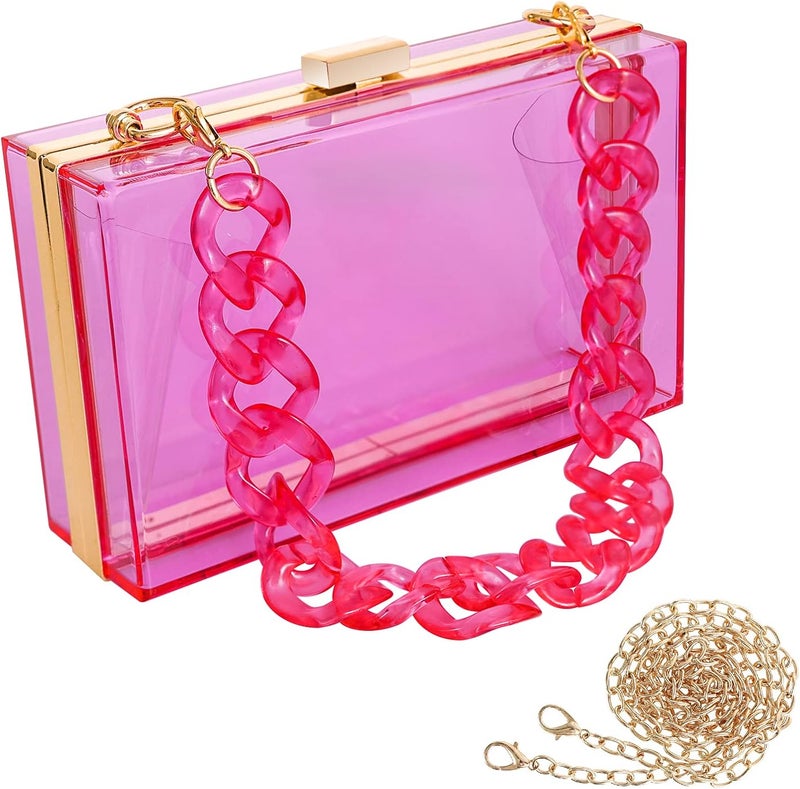 WJCD Women Clear Purse Acrylic Box Clutch Handbag, Small Transparent Crossbody Evening Bag Stadium Approved Gold Chain Strap - Image 1