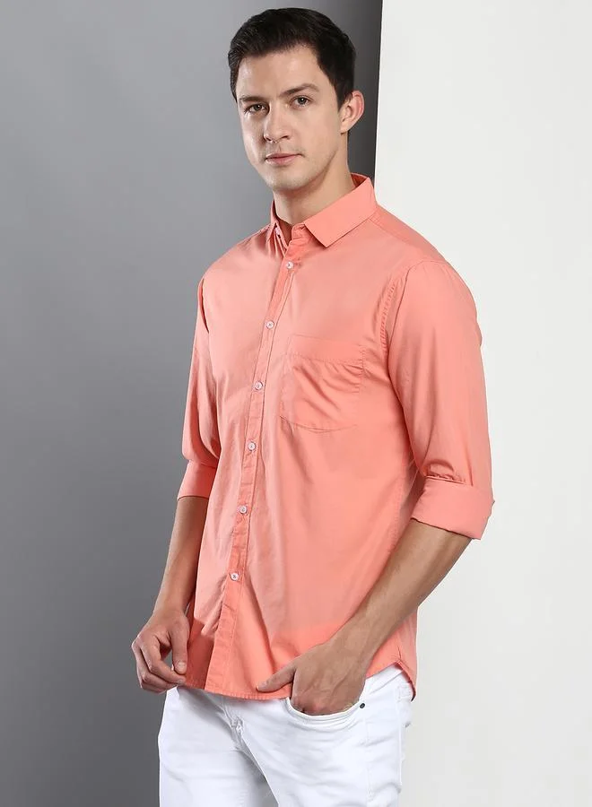 Dennis Lingo Slim Fit Coral Men's Casual Shirt, Spread Collar, Full Sleeves, 100% Cotton,