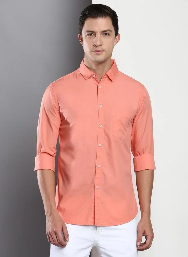 Dennis Lingo Slim Fit Coral Men's Casual Shirt, Spread Collar, Full Sleeves, 100% Cotton,