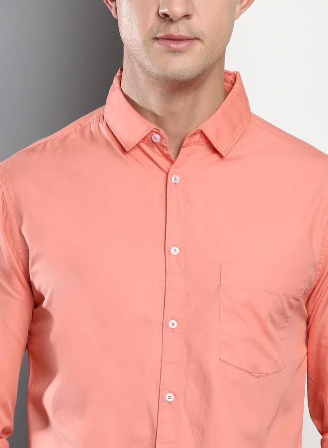 Dennis Lingo Slim Fit Coral Men's Casual Shirt, Spread Collar, Full Sleeves, 100% Cotton,