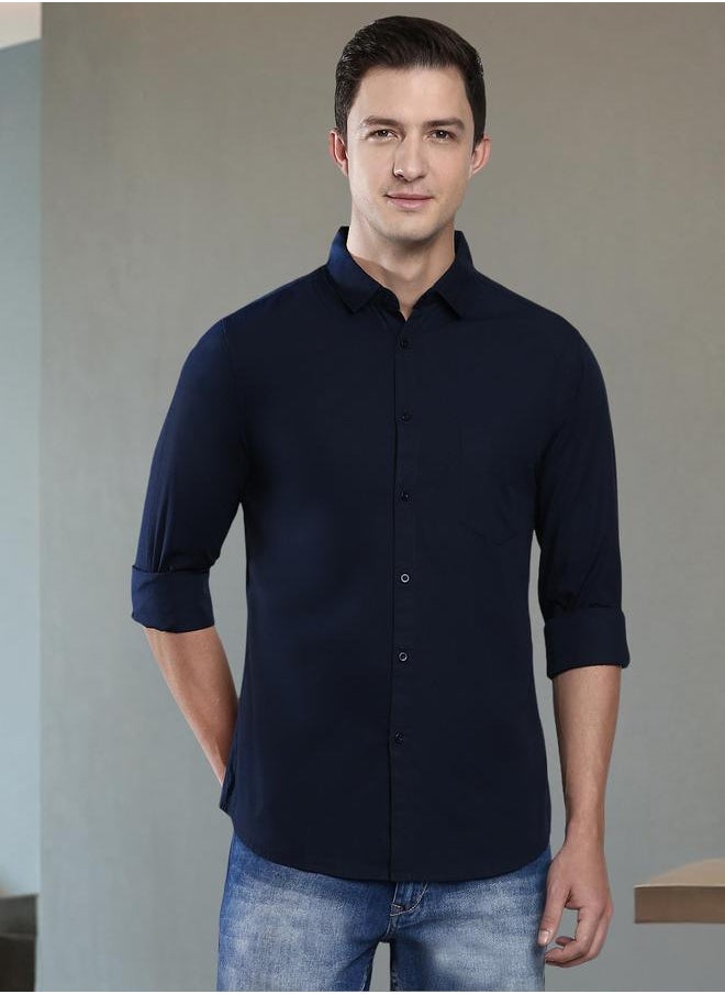 Dennis Lingo - Slim Fit Navy Blue Men's Casual Shirt, Spread Collar, Full Sleeves, 100% Cotton, - Image 1