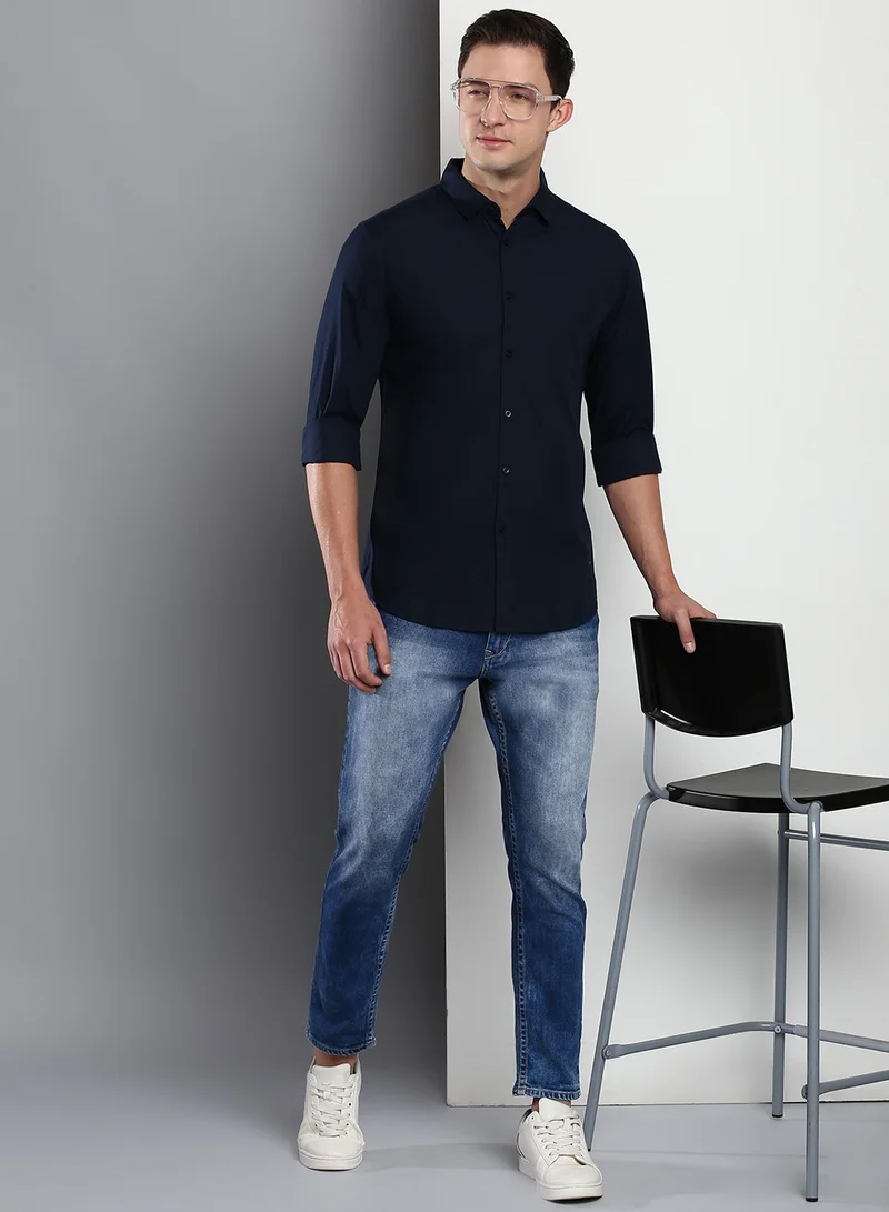 Dennis Lingo Slim Fit Navy Blue Men's Casual Shirt, Spread Collar, Full Sleeves, 100% Cotton,